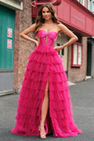 Cute Fuchsia Princess Strapless Corset Cut Out Tiered Tulle Long Prom Dresses