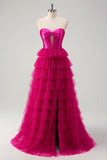 Cute Fuchsia Princess Strapless Corset Cut Out Tiered Tulle Long Prom Dresses