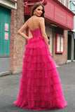 Cute Fuchsia Princess Strapless Corset Cut Out Tiered Tulle Long Prom Dresses