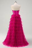 Cute Fuchsia Princess Strapless Corset Cut Out Tiered Tulle Long Prom Dresses