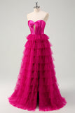 Fuchsia A Line Strapless Keyhole Tiered Corset Long Prom Dress with Slit