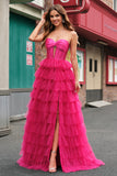 Cute Fuchsia Princess Strapless Corset Cut Out Tiered Tulle Long Prom Dresses