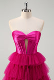 Fuchsia A Line Strapless Keyhole Tiered Corset Long Prom Dress with Slit