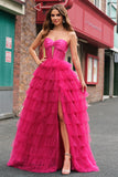 Fuchsia A Line Strapless Keyhole Tiered Corset Long Prom Dress with Slit