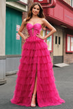 Cute Fuchsia Princess Strapless Corset Cut Out Tiered Tulle Long Prom Dresses