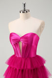 Fuchsia A Line Strapless Keyhole Tiered Corset Long Prom Dress with Slit