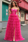 Cute Fuchsia Princess Strapless Corset Cut Out Tiered Tulle Long Prom Dresses