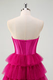 Fuchsia A Line Strapless Keyhole Tiered Corset Long Prom Dress with Slit