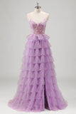 Sparkly Lilac A-Line Corset Sequins Tiered Prom Dress with Ruffle Slit