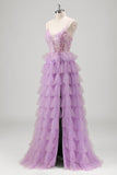 Sparkly Lilac A-Line Corset Sequins Tiered Prom Dress with Ruffle Slit