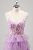 Sparkly Lilac A-Line Corset Sequins Tiered Prom Dress with Ruffle Slit