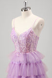 Sparkly Lilac A-Line Corset Sequins Tiered Prom Dress with Ruffle Slit