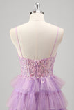 Sparkly Lilac A-Line Corset Sequins Tiered Prom Dress with Ruffle Slit