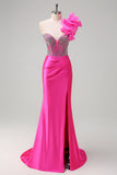 Mermaid Fuchsia One Shoulder Removable Ruffles Long Prom Dress with Slit