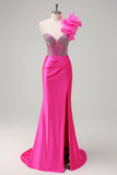 Sparkly Fuchsia Mermaid Removable Ruffles One Shoulder Long Prom Dress With Slit