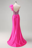 Mermaid Fuchsia One Shoulder Removable Ruffles Long Prom Dress with Slit