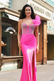 Mermaid Fuchsia One Shoulder Removable Ruffles Long Prom Dress with Slit