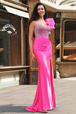 Mermaid Fuchsia One Shoulder Removable Ruffles Long Prom Dress with Slit