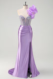 Mermaid Fuchsia One Shoulder Removable Ruffles Long Prom Dress with Slit