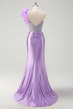 Sparkly Lilac Mermaid One Shoulder Pleated Long Prom Dress With Slit