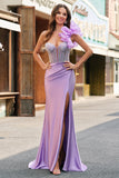 Mermaid Fuchsia One Shoulder Removable Ruffles Long Prom Dress with Slit