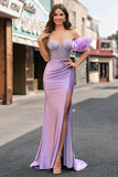 Sparkly Lilac Mermaid One Shoulder Removable Ruffles Long Prom Dress With Slit