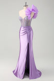 Sparkly Lilac Mermaid One Shoulder Pleated Long Prom Dress With Slit