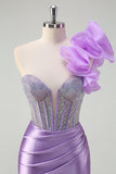 Sparkly Lilac Mermaid One Shoulder Pleated Long Prom Dress With Slit