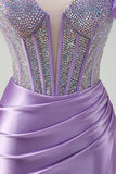 Sparkly Lilac Mermaid One Shoulder Pleated Long Prom Dress With Slit