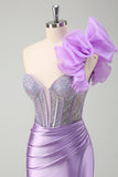 Sparkly Lilac Mermaid One Shoulder Pleated Long Prom Dress With Slit