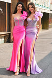 Mermaid Fuchsia One Shoulder Removable Ruffles Long Prom Dress with Slit