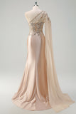 Sparkly Champange Mermaid One Shoulder Corset Long Prom Dress With Slit