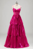 Sparkly Fuchsia A-Line Spaghetti Straps Corset Tiered Metallic Prom Dress with Bow