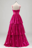 Sparkly Fuchsia A-Line Spaghetti Straps Corset Tiered Metallic Prom Dress with Bow