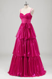 Sparkly Fuchsia A-Line Spaghetti Straps Corset Tiered Metallic Prom Dress with Bow