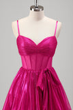 Sparkly Fuchsia A-Line Spaghetti Straps Corset Tiered Metallic Prom Dress with Bow