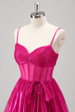 Sparkly Fuchsia A-Line Spaghetti Straps Corset Tiered Metallic Prom Dress with Bow