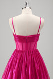 Sparkly Fuchsia A-Line Spaghetti Straps Corset Tiered Metallic Prom Dress with Bow