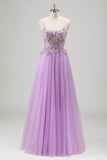 Sparkly Lilac A Line Corset Beaded Tulle Floral Prom Dress with Appliques