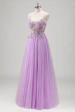 Sparkly Lilac A Line Corset Beaded Tulle Floral Prom Dress with Appliques