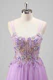 Sparkly Lilac A Line Corset Beaded Tulle Floral Prom Dress with Appliques