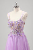 Sparkly Lilac A Line Corset Beaded Tulle Floral Prom Dress with Appliques