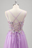 Sparkly Lilac A Line Corset Beaded Tulle Floral Prom Dress with Appliques