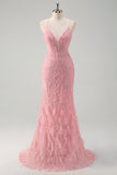 Sparkly Pink Mermaid Halter Long Prom Dress With Feather