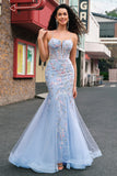 Light Blue Mermaid Spaghetti Straps Corset Tulle Floral Long Prom Dress with Beading