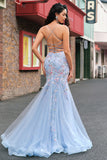 Sparkly Light Blue Floral Mermaid Corset Tulle Beaded Prom Dress with Embroidery