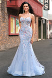 Light Blue Mermaid Spaghetti Straps Corset Tulle Floral Long Prom Dress with Beading