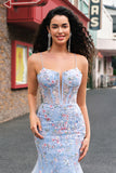 Light Blue Mermaid Spaghetti Straps Corset Tulle Floral Long Prom Dress with Beading