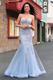 Light Blue Mermaid Spaghetti Straps Corset Tulle Floral Long Prom Dress with Beading