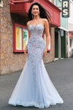 Light Blue Mermaid Spaghetti Straps Corset Tulle Floral Long Prom Dress with Beading